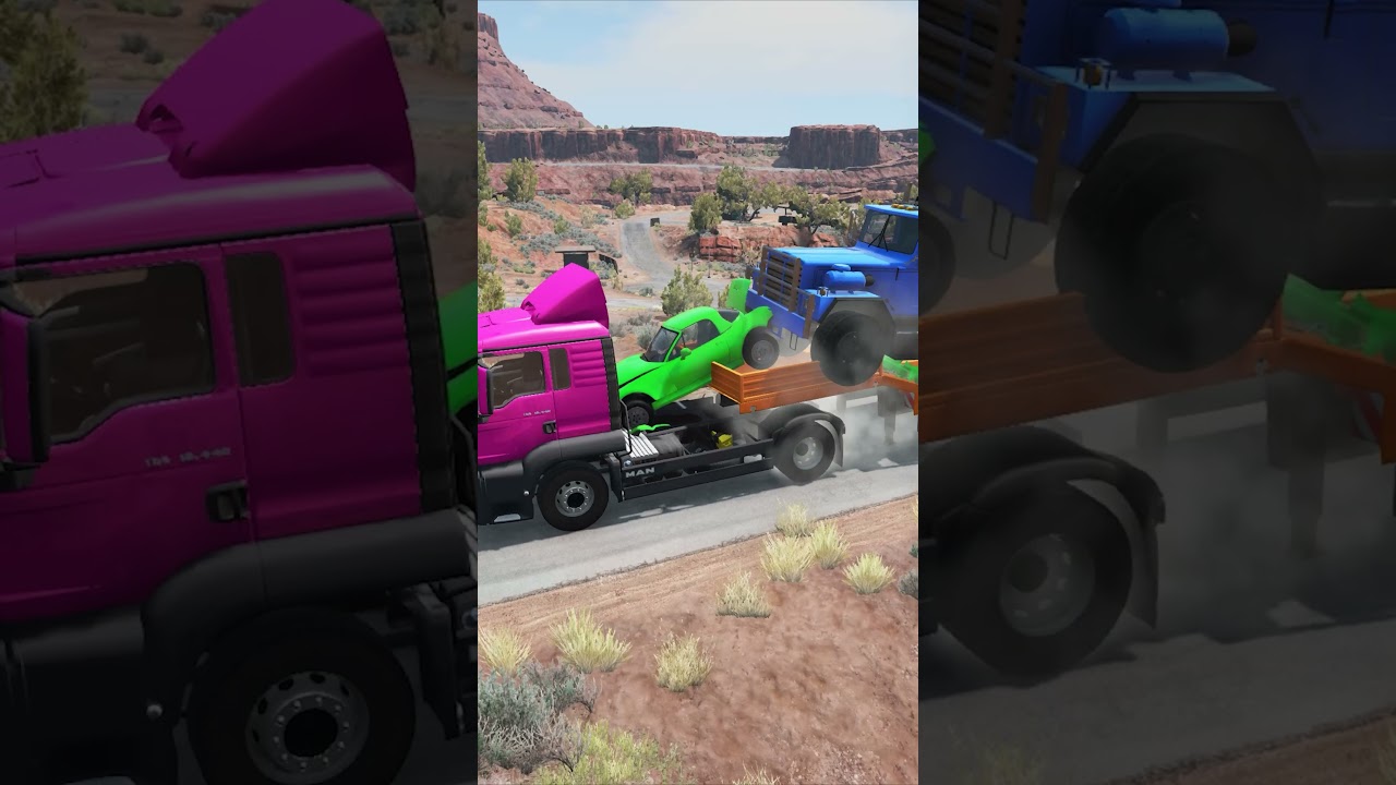 Big Speed Bumps Challenge: Flatbed Trailer Cars Transport  #doublespeedbumps #beamng