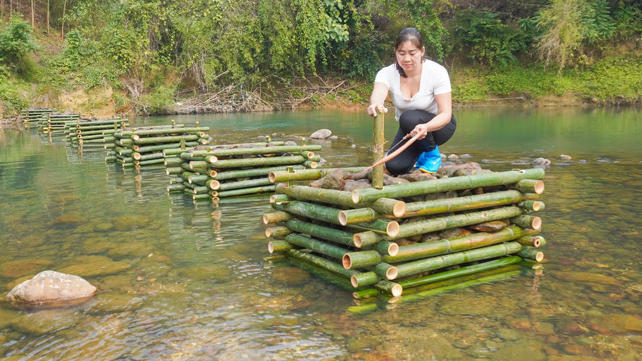 Building a 100m Long bamboo Bridge across the Stream - Build Bridge Piers with many Bamboo & Stone
