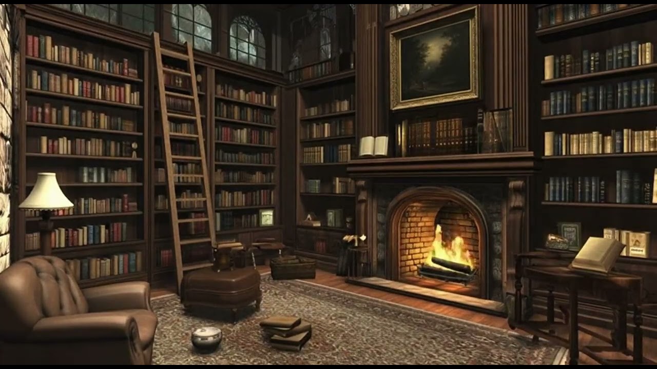 Cozy Library Fireplace 4K  — Crackling Fire, Relaxing Reading, Studying & Deep Focus