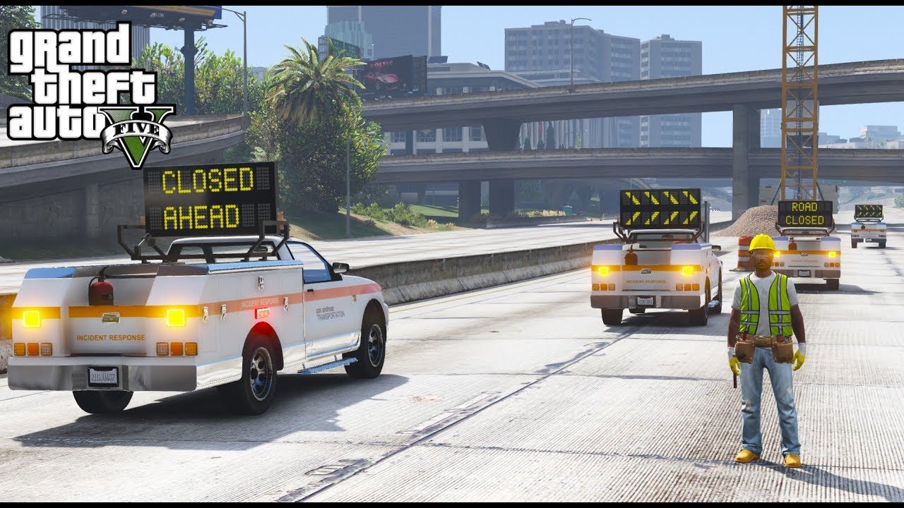 GTA 5 REAL LIFE MOD #72 New Construction Project - Message Board Truck & Excavator!