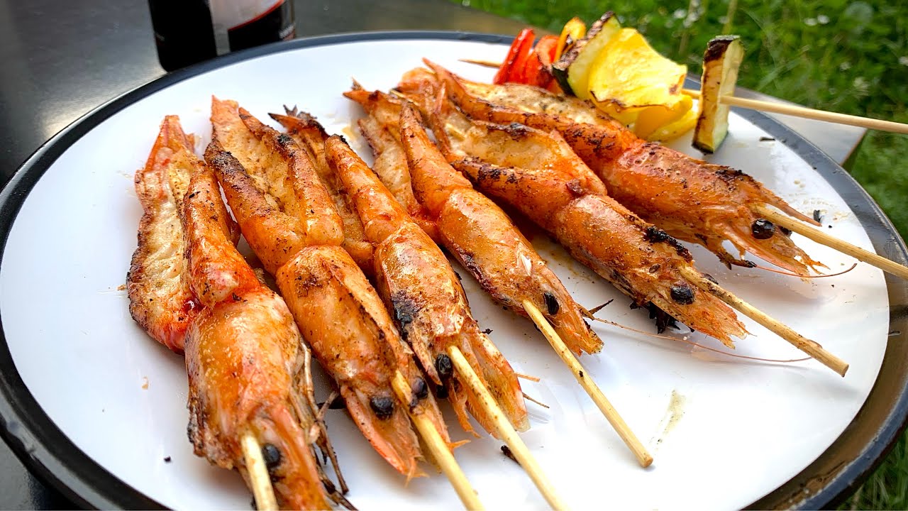 Charcoal Grilled Butter and Garlic Butterfly Shrimps Skewers