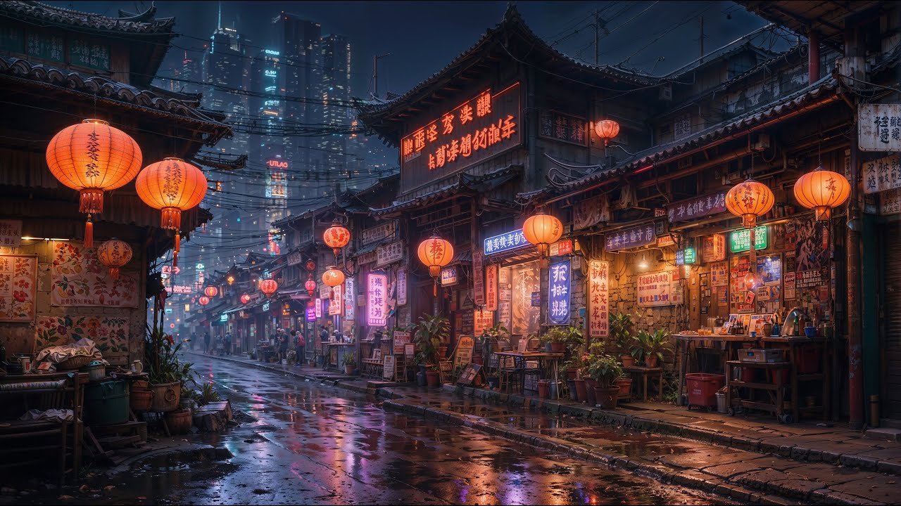 Rainy Cyberpunk Chinese Street | Calm Night Ambience