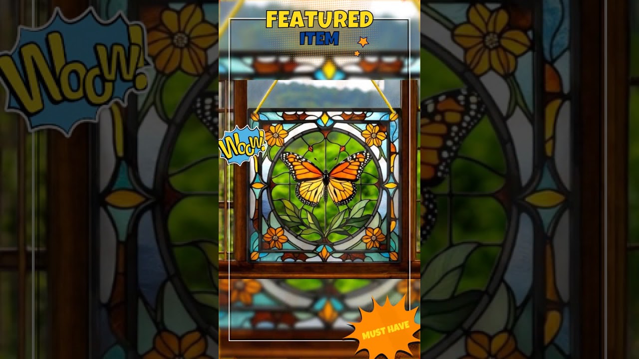 "Monarch Butterfly Stained Glass-Style Acrylic Suncatcher - 8in Square Window De