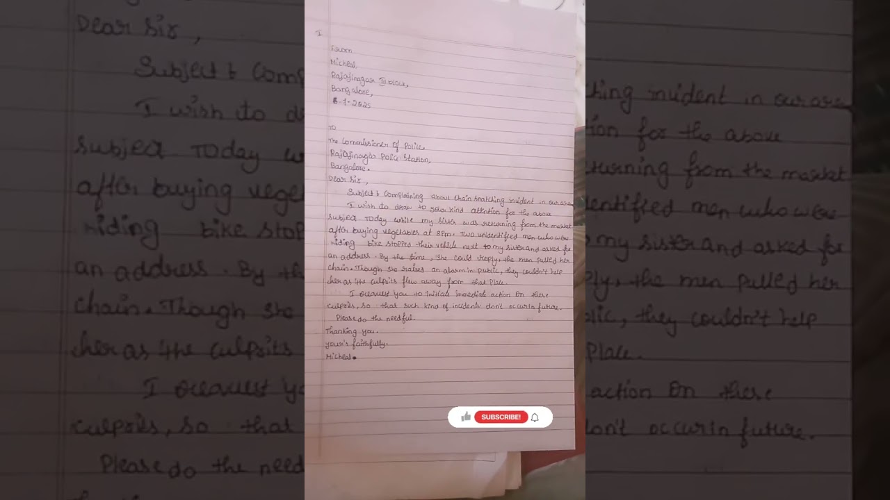 write a letter to the officer complaining about chain snatching incident in your area in English