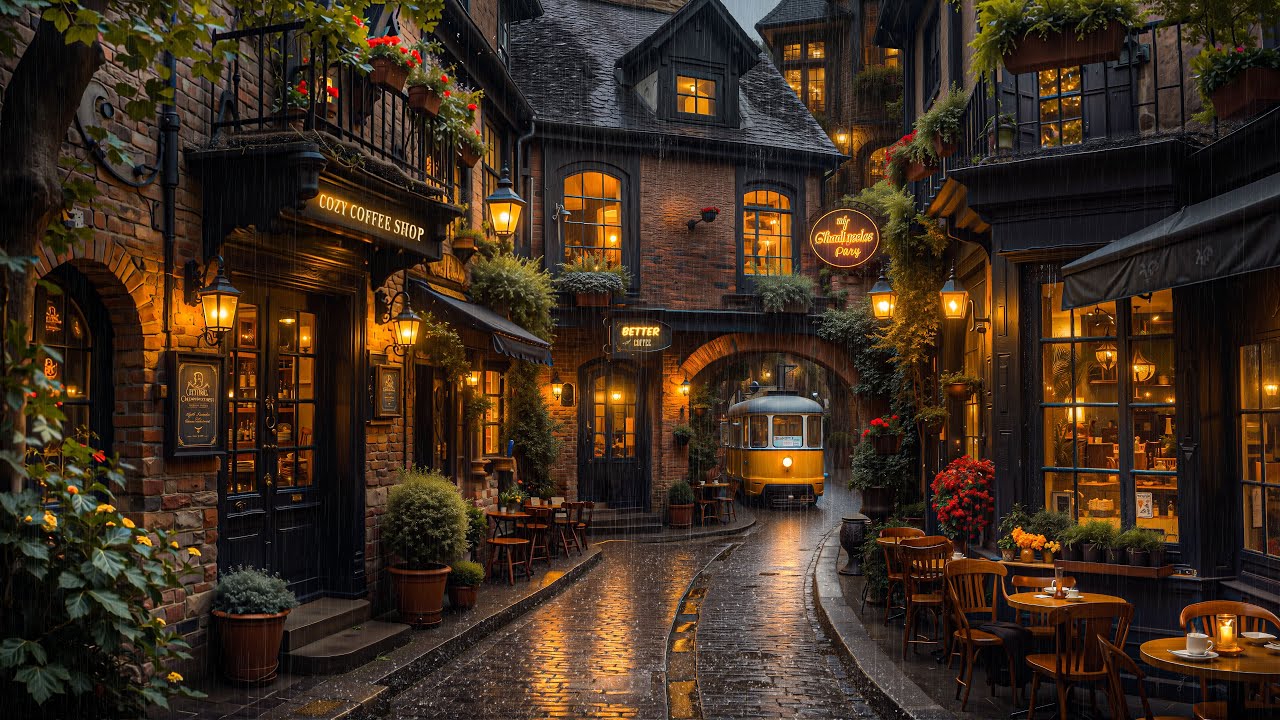 Rainy Day Jazz at Cozy Outdoor Coffee Shop ☕ Smooth Vintage Vibes & Relaxing Jazz for Focus & Calm