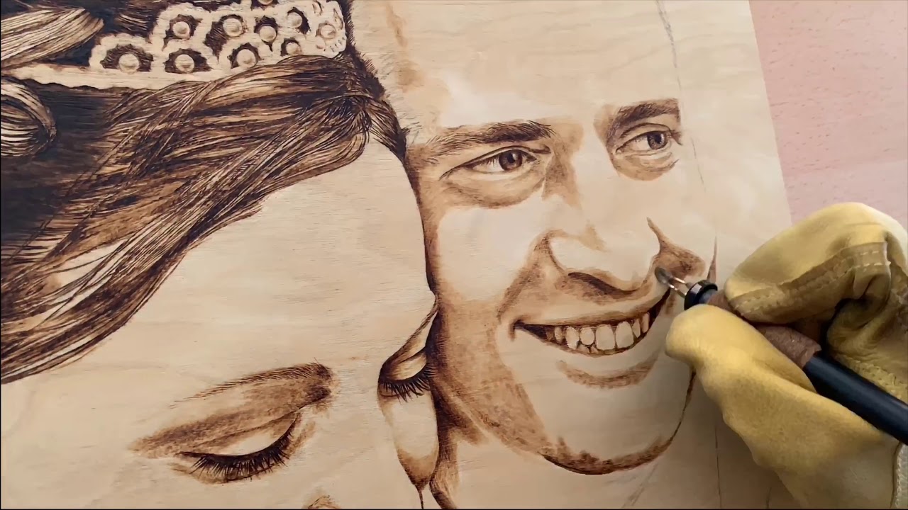 Custom Wedding Pyrography Portrait Time Lapse Wood Burning Art by Jannie Lisonbee | Red Roof Barn