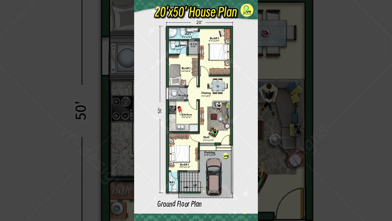 20'&times; 50' house plan, 3 bhk with car parking and wash, 20 by 50 home plan, house design  #houseplan