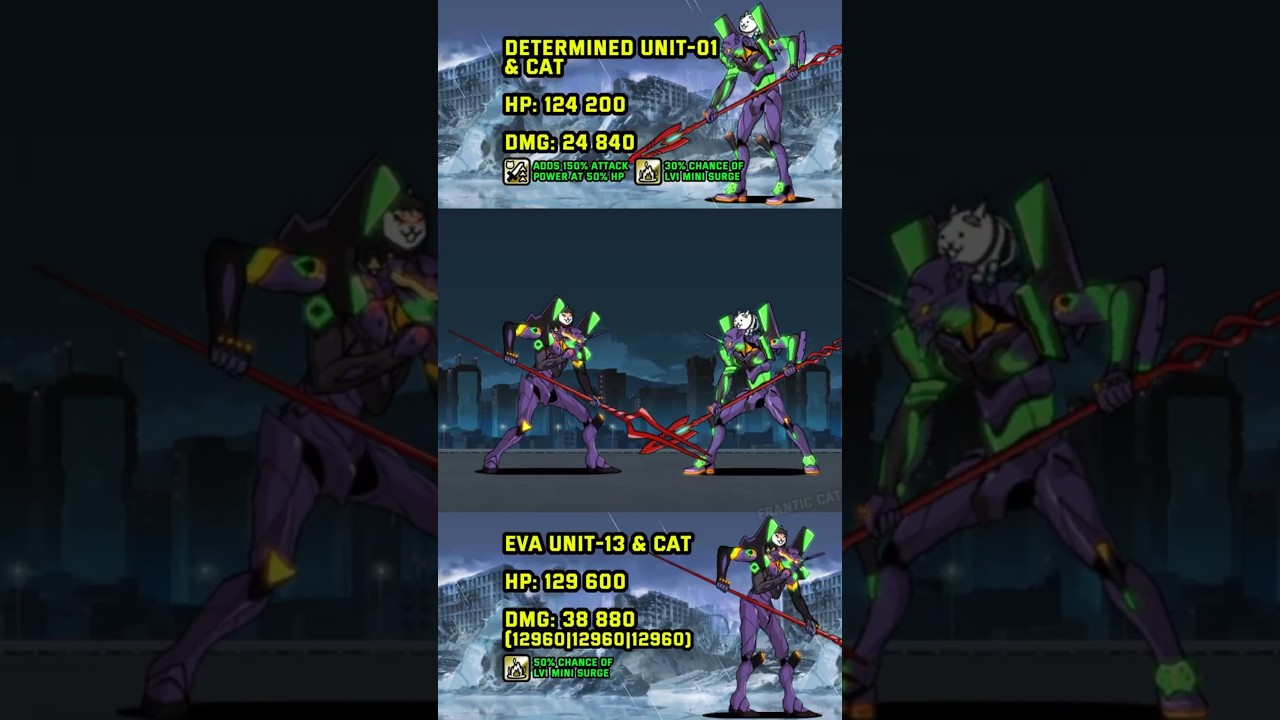The Battle Cats : Eva Unit 13 vs Eva Unit 01 lv50 #bcu #thebattlecats