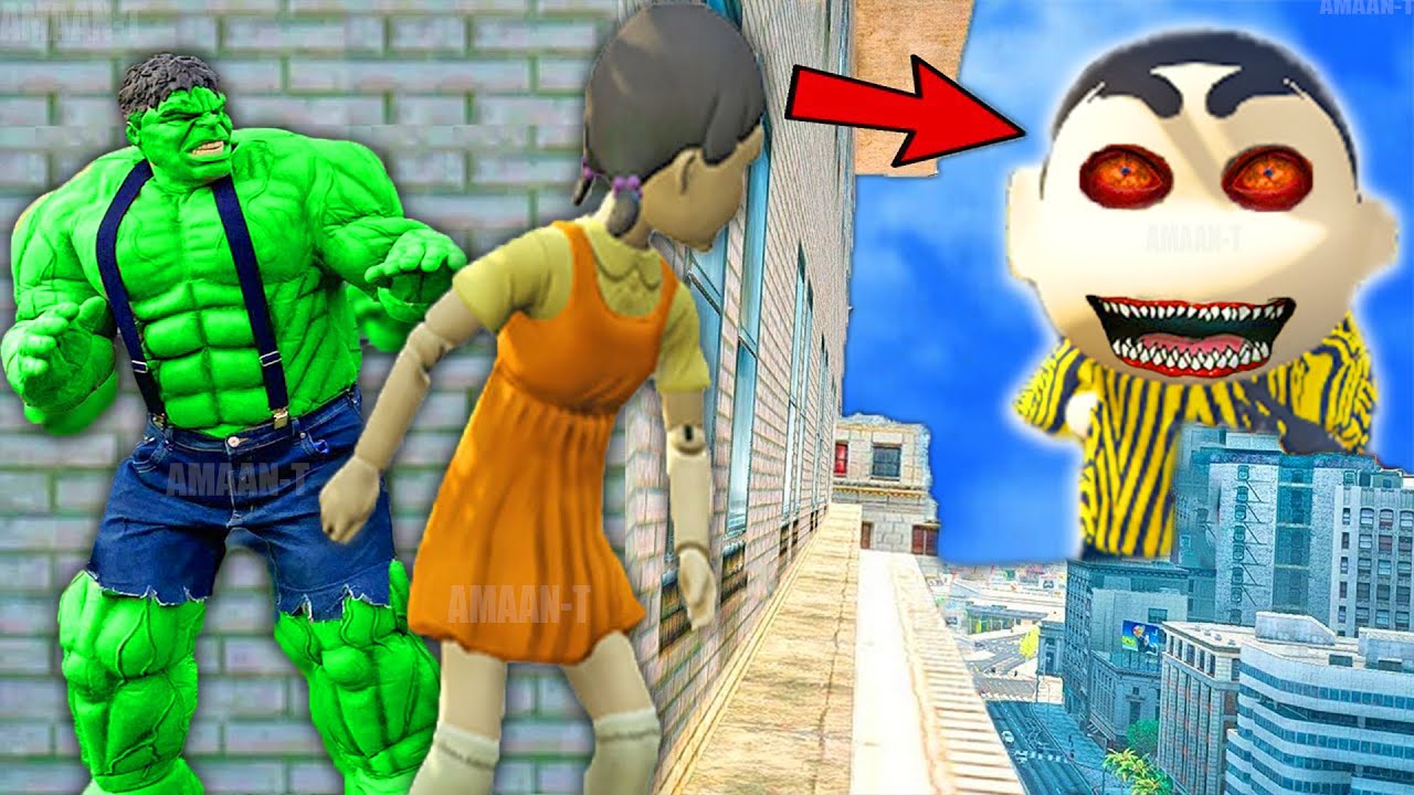 Franklin and Shinchan & Pinchan play HIDE AND KILL with Squid Game Doll In GTA 5