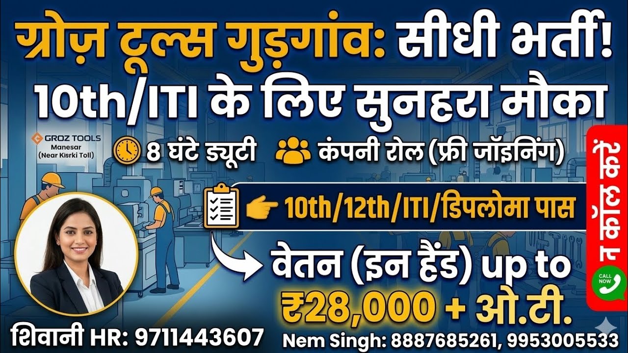 Groz Tools Gurgaon Permanent Job 2026 | ITI 12th Diploma Direct Company Roll Job | #sarkarinaukri 
