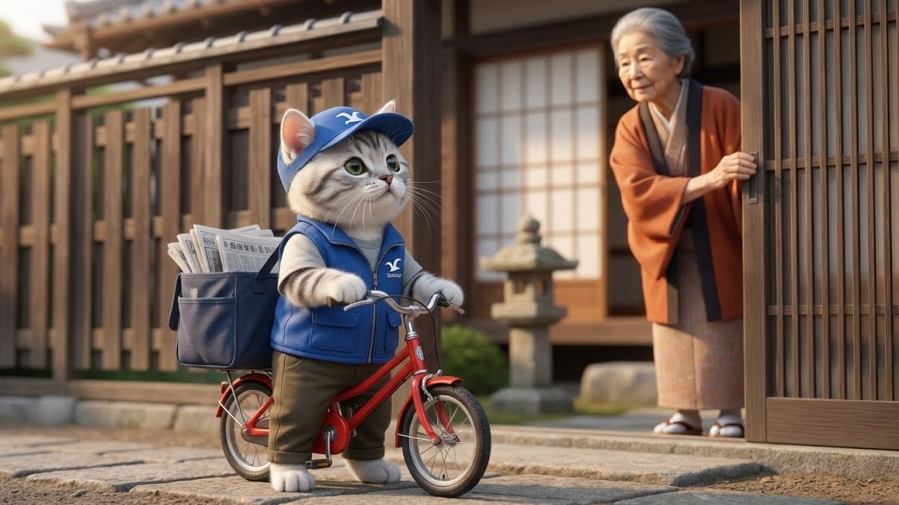 朝刊でーす!! 新人ニャンが新聞配達!! ねこの一日に密着🐱📰