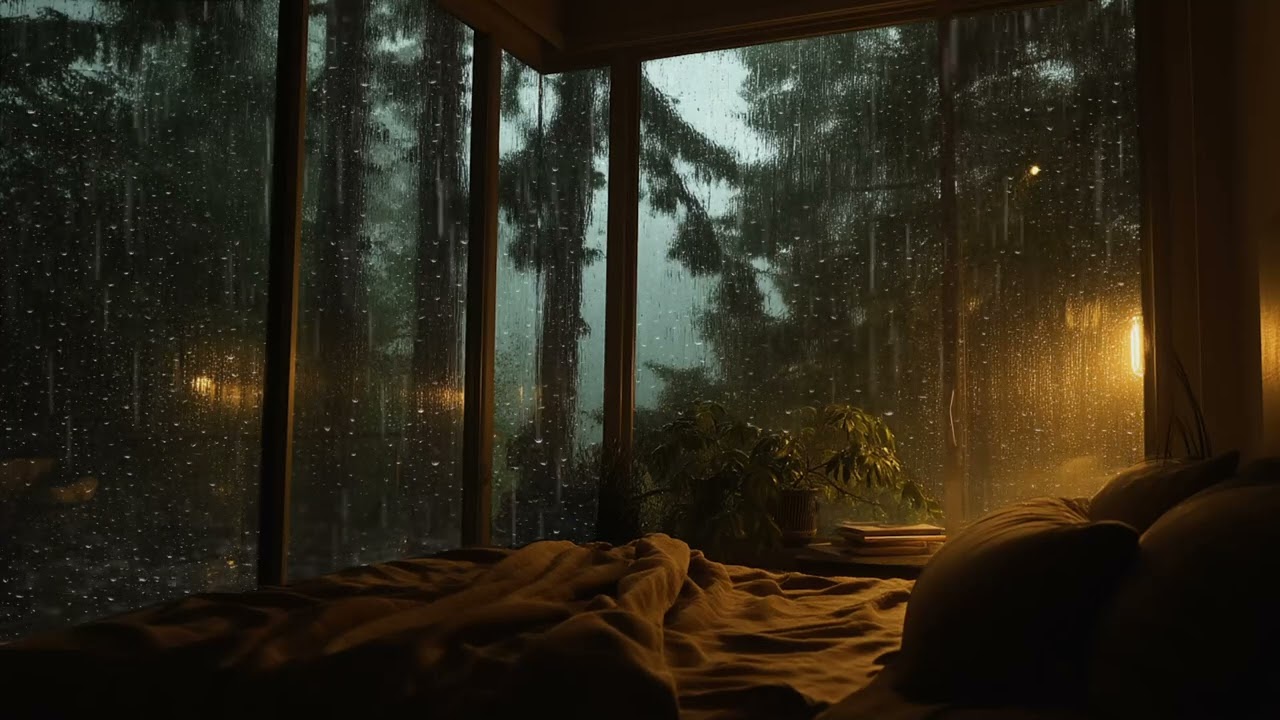 Stormy Thunder Rain in a Forest Glass House ⛈️🌲 Soft Piano, Nature Sounds, Deep Relaxation Ambience