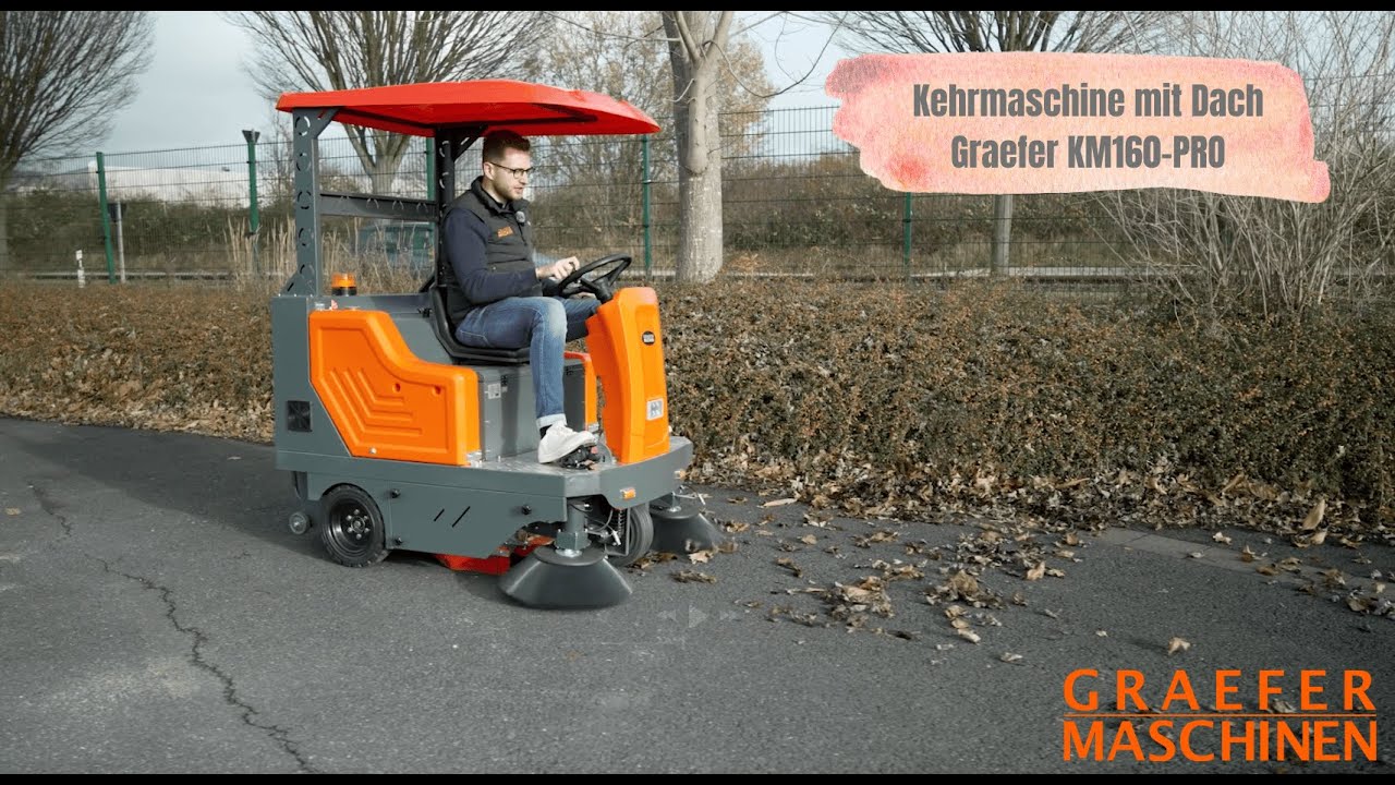 Graefer KM160-PRO Aufsitz-Kehrmaschine mit Dach | 8.000 m²/h | Profi-Industriekehrmaschine