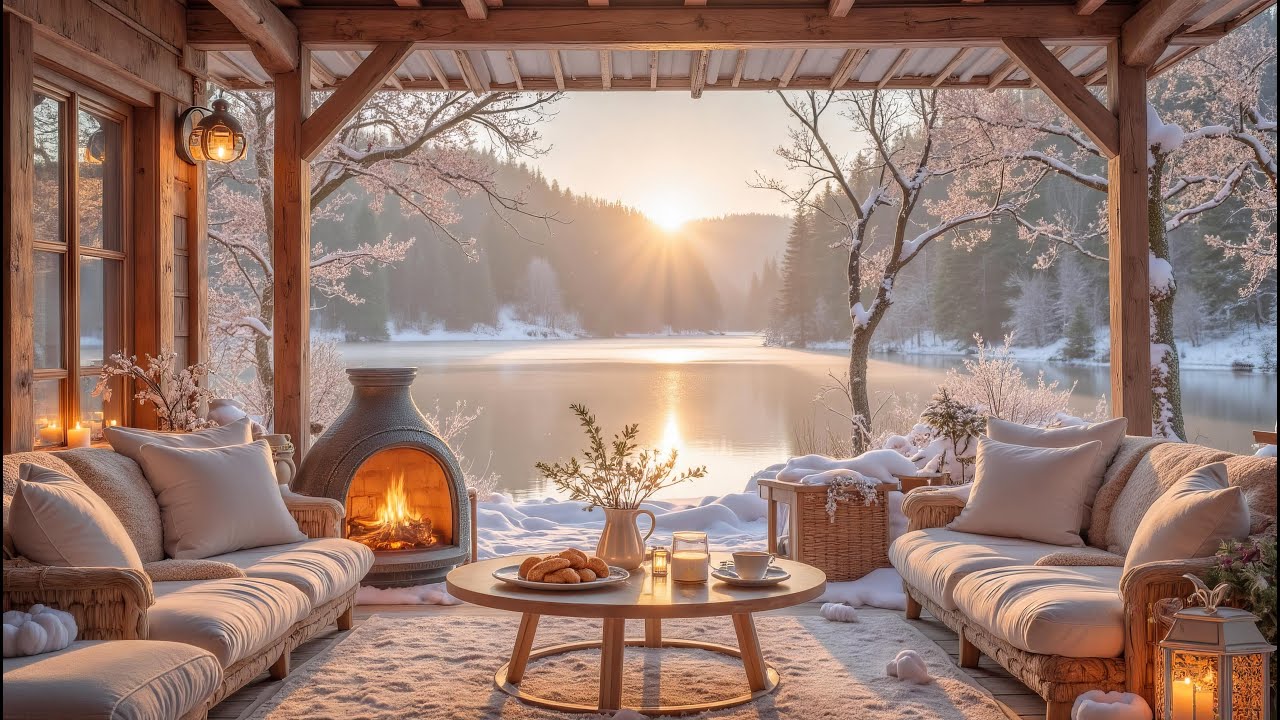Quiet January Afternoon ❄️🔥 Gentle Piano, Falling Snow & Cozy Fireplace by the Lake