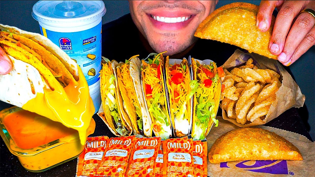 ASMR TACO BELL NACHO CHEESY FRIES CINNAMON TWIST EMPANADA MUKBANG FAST FOOD EATING NO TALKING JERRY