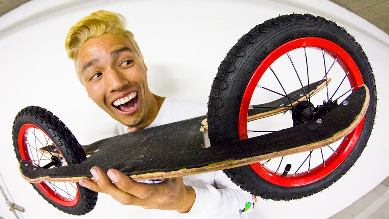 BICYCLE WHEELS ON SKATEBOARD?!  The 2 Wheel Skateboard!!