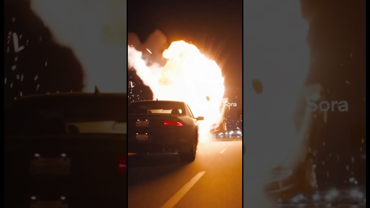 intense car chase with big car explosion