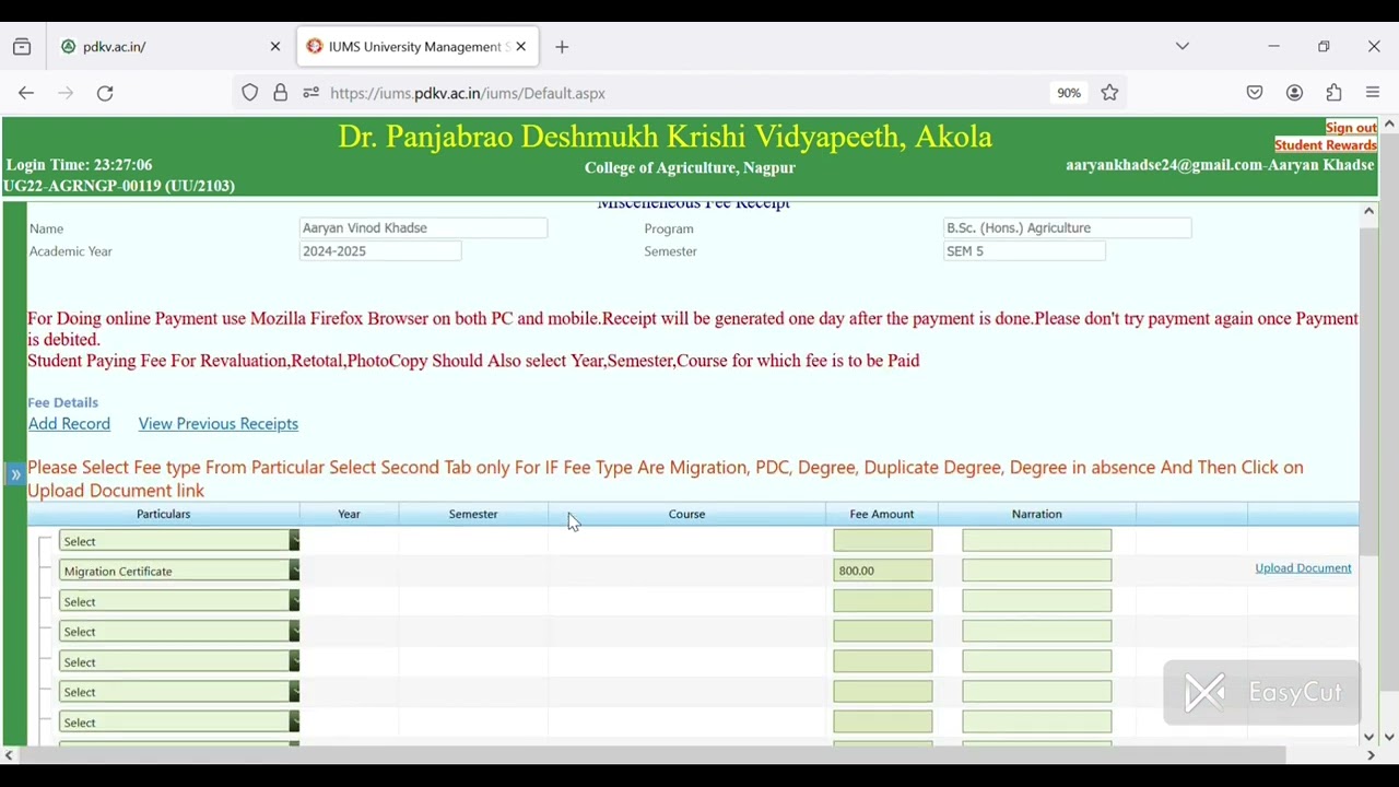 PDKV IUMS ONLINE MIGRATION CERTIFICATE