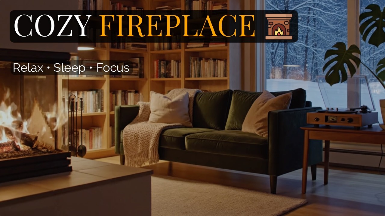 Cozy Winter Fireplace 🔥 Snowstorm View — 1 Hour Soft Music (4K)