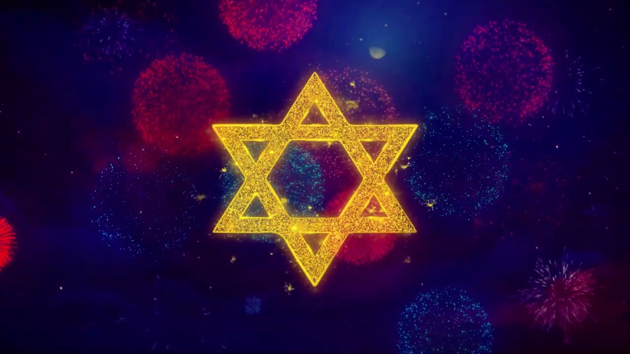 David The Jewish star Religion Icon Symbol on Colorful Fireworks Particles.