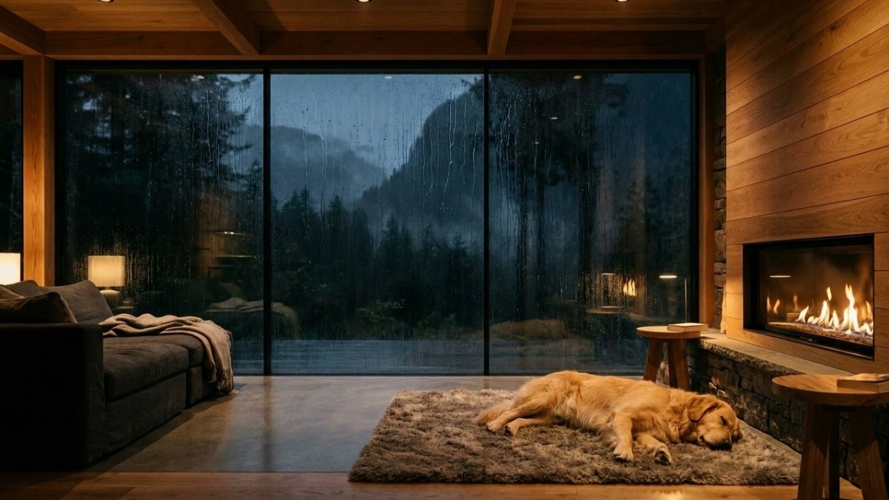 Heavy Rain on Massive Glass Walls at Night (3 Hours) | Cozy Fireplace & Sleeping Golden Retriever