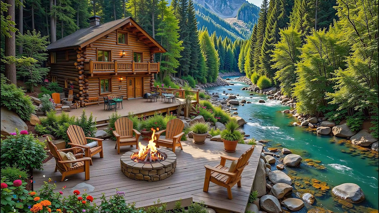 Calming Piano Music with Spring Forest Riverside 🌿🔥 Crackling Fire pit & Nature Sounds Ambience