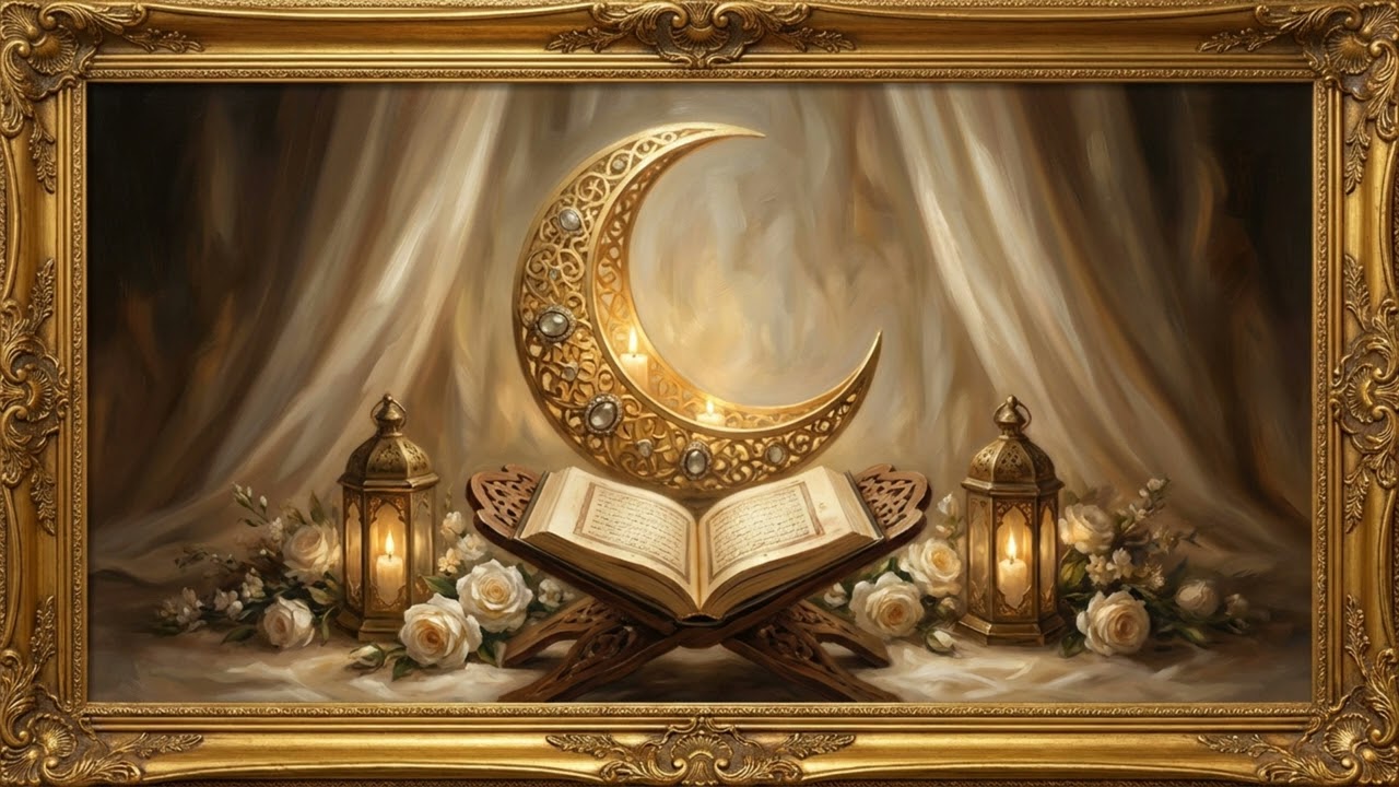 Ramadan 4K TV Art: Classical Oil Painting Screensaver | Golden Crescent & Quran Ambient Background