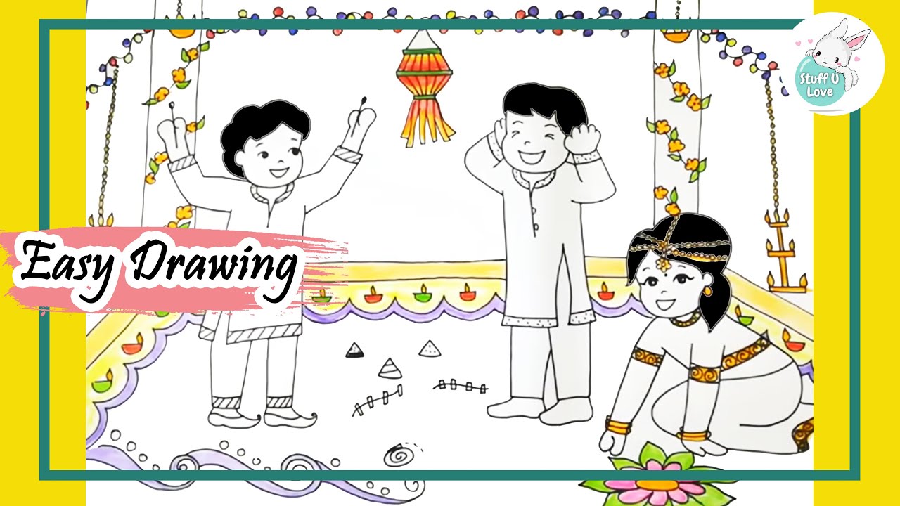 How to draw people Celebrating Diwali festival easy step by step drawing tutorial for beginners