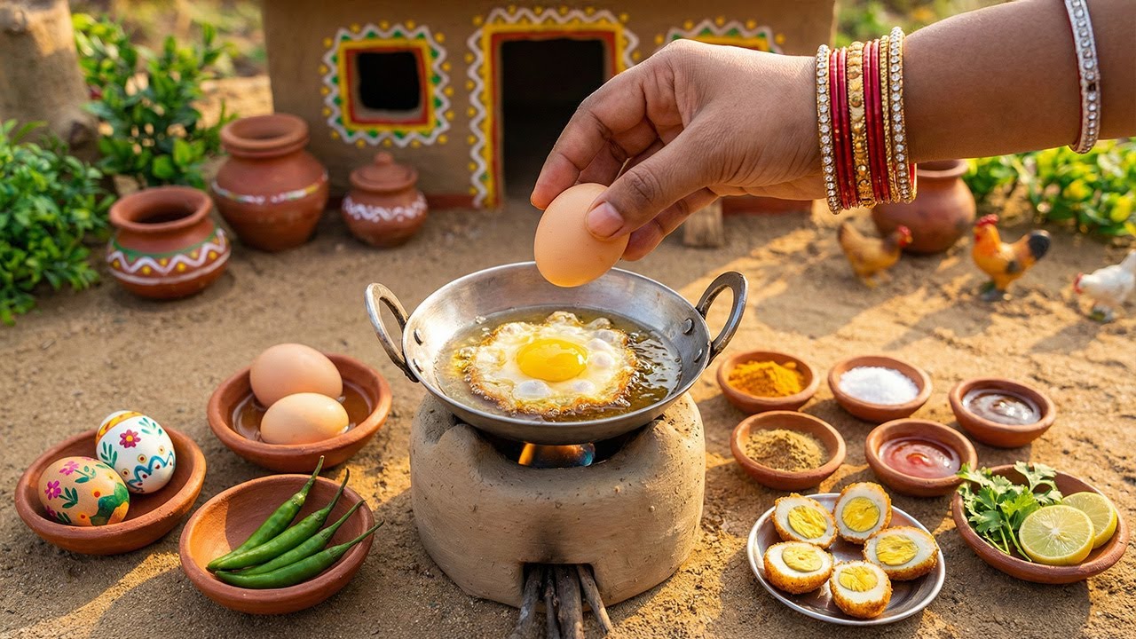Miniature Indian Egg Fry Recipe 🥚🥓 Indian Street Food Cooking | Tiny Foodkey