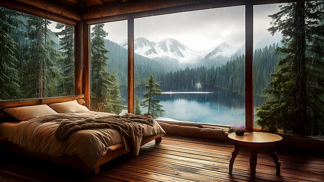 Rain Falling Over a Mountain Lake | Cozy Cabin Window Ambience