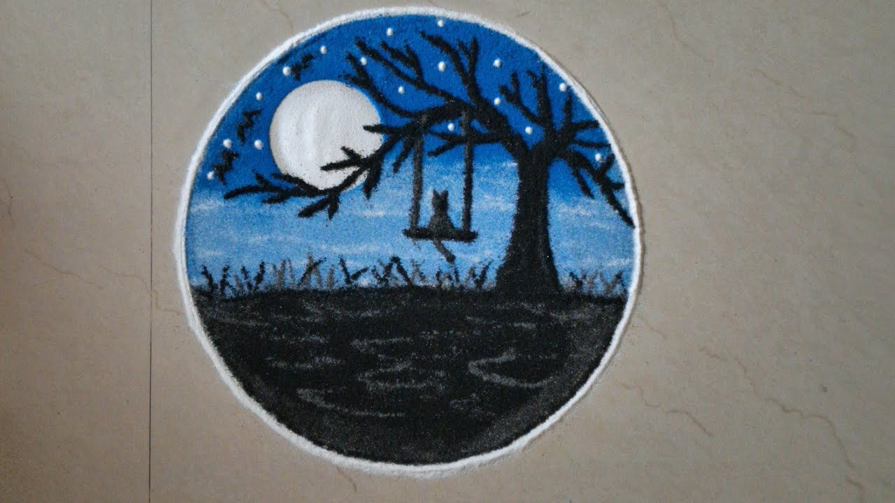 Beautiful  Night Scenery Rangoli✨️|Easy steps for beginners #sceneryrangoli @RBK-7-85 