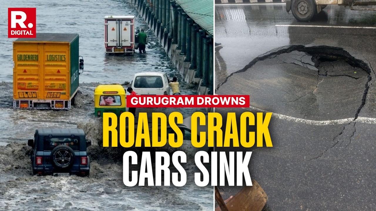 Gurugram Monsoon: School Busses Cave Into Roads Amid Heavy Rainfall | On Camera
