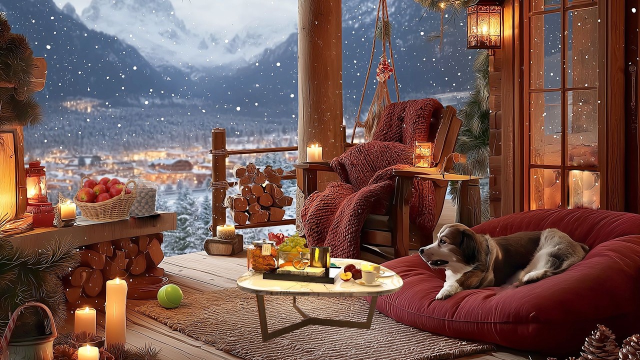 Piano Music on a Cozy Winter Porch Overlooking the Snowy Town | Falling Snow & Cozy Dog