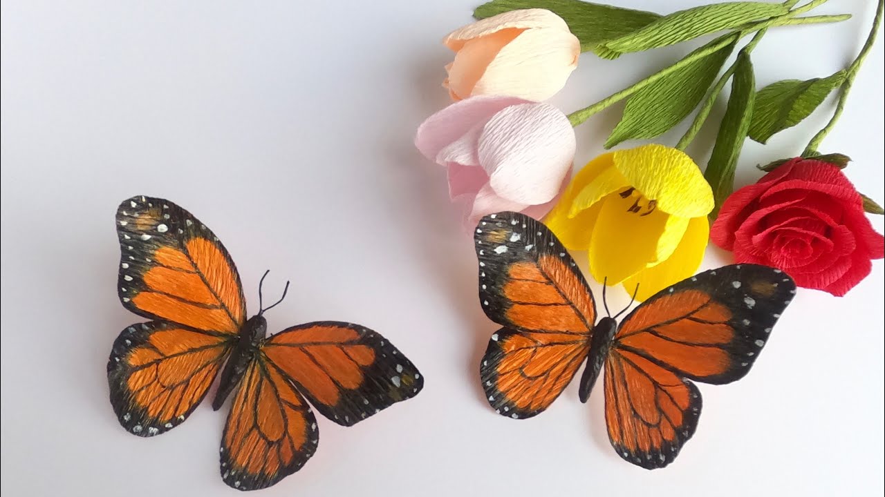 手作纸蝴蝶 - 皱纹纸蝴蝶DIY - Making Paper Butterfly From Crepe Paper - Paper Craft