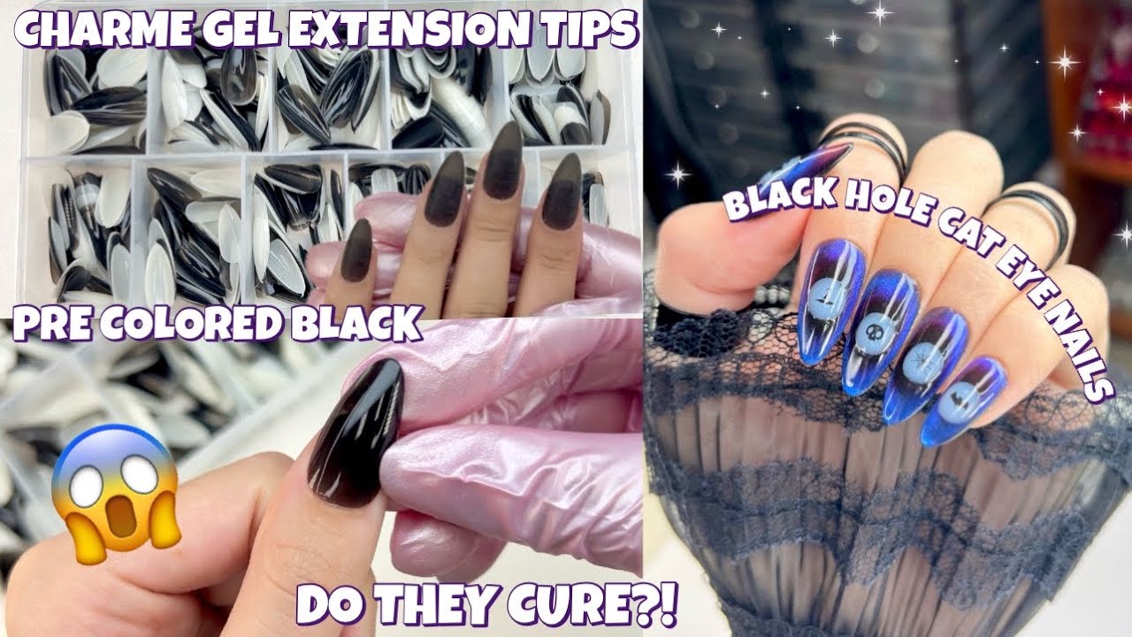TRYING PRE COLORED BLACK MEDIUM ALMOND CHARME GEL EXTENSION SOFT GEL NAIL TIPS | BLACK HOLE CAT EYE