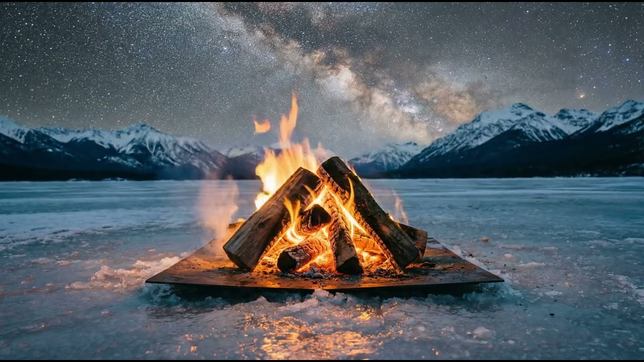 Fire on Frozen Lake - 4K Crackling Fire Sounds (2 Hours) - Night Sky & Milky Way Ambience