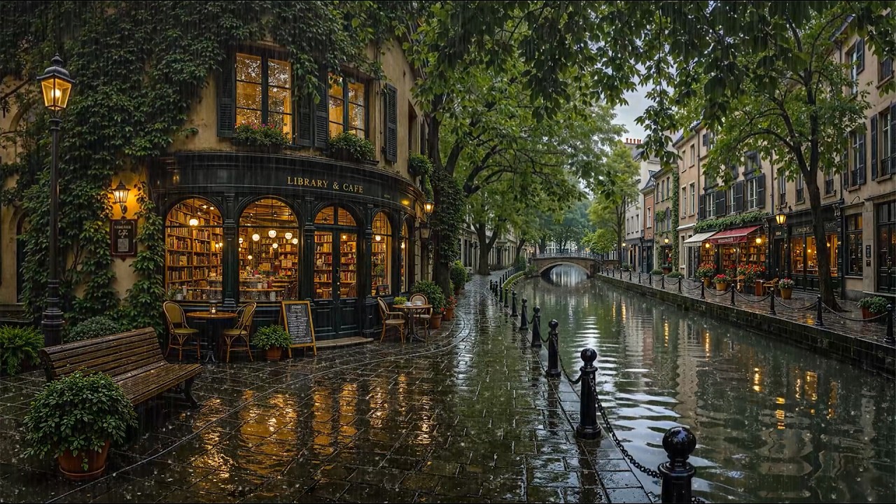 Deep & Gentle Rainy Jazz at a Vintage Canal-Side Library Caf&eacute; 🌧️ Cozy Jazz for Reading, Focus & Work