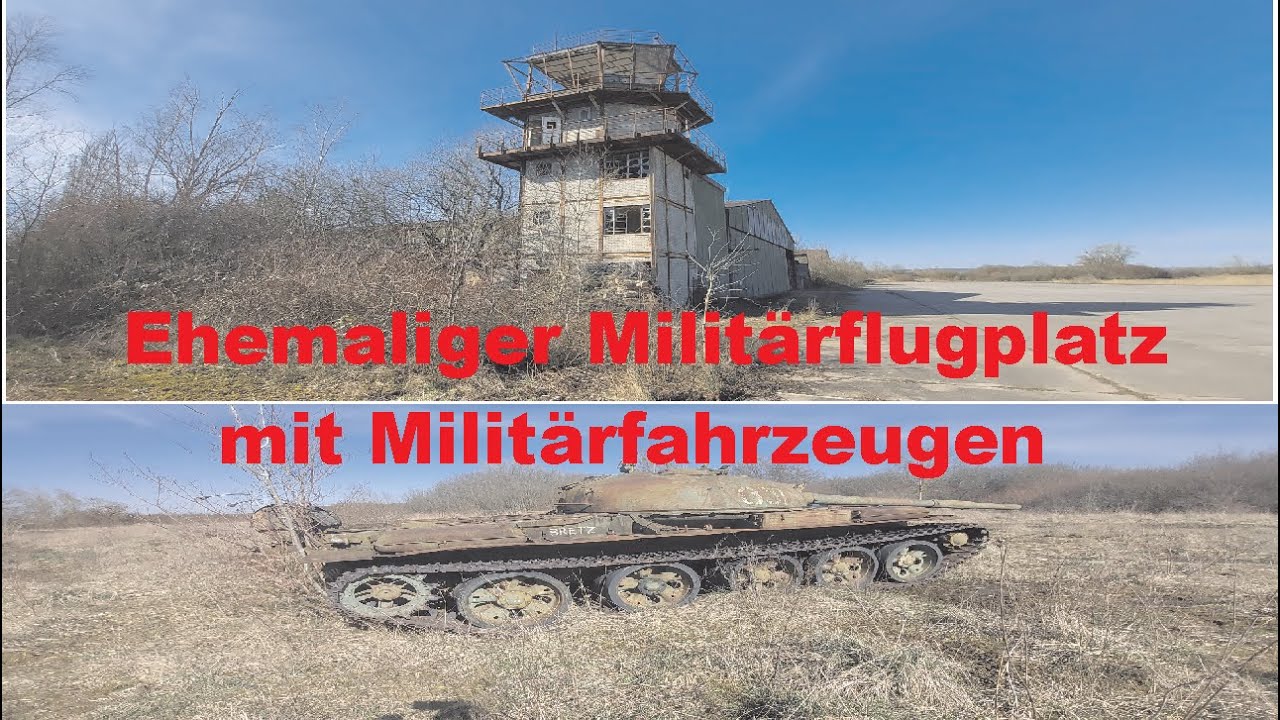 Alte Militärfahrzeuge und verschiedene Patronen auf einem ehemaligen Militärflugplatz