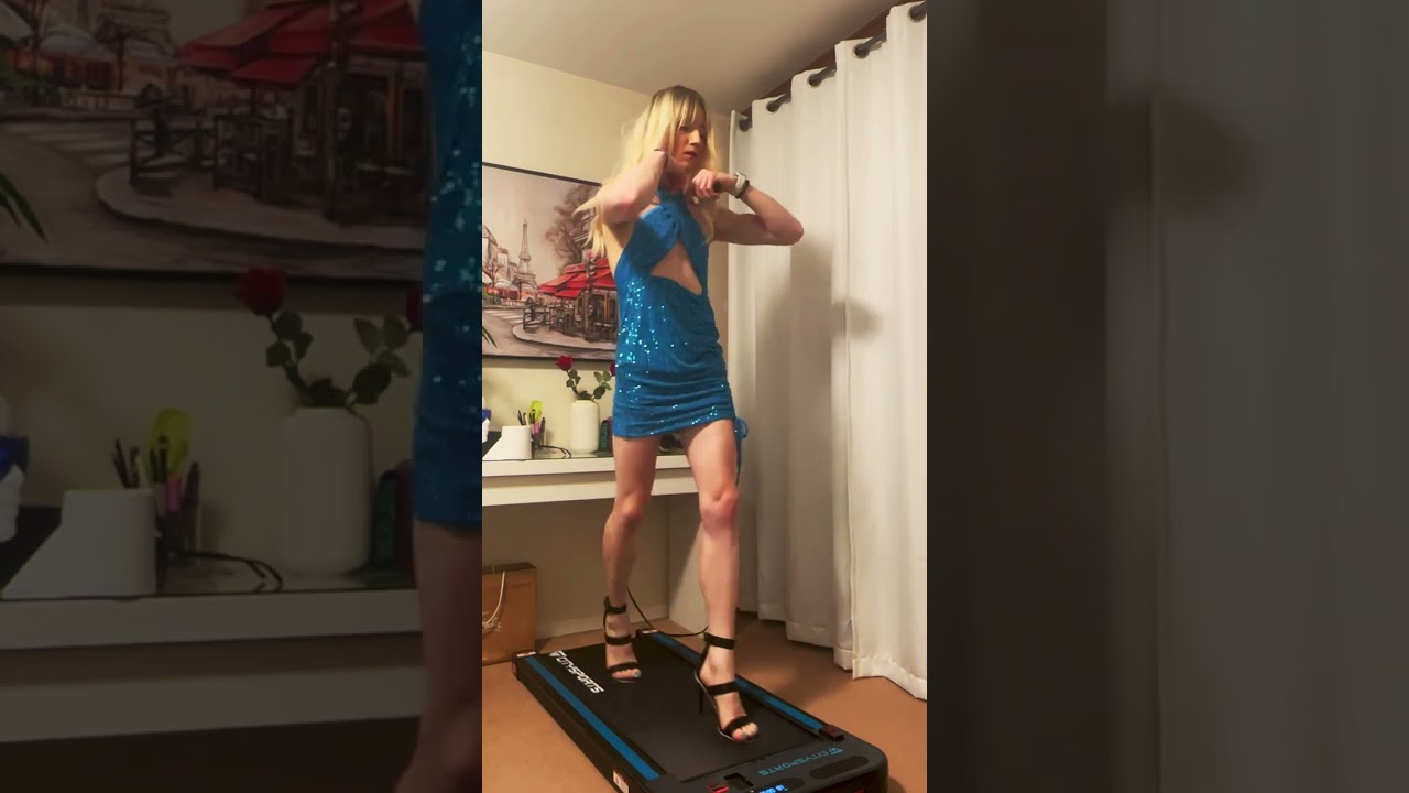 Sparkly Crossdressing Queen Struts on Treadmill! Mesmerizing Blue Mini Dress & High Heels