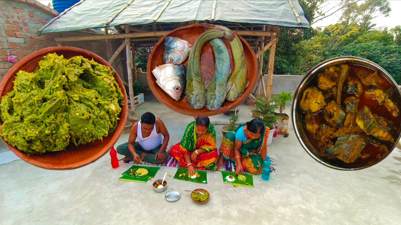 ইলিশ মাছের মাথা দিয়ে কচুর শাক আর মাগুর মাছ ভাপা | গ্রামের রান্না | Traditional Bengali Fish Recipe