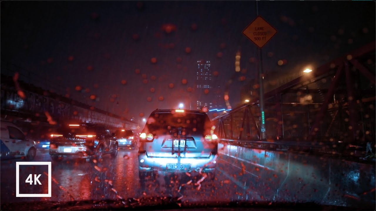 New York Highway Driving in Heavy Rain at Night | Thunderstorm binaural Sound | Rain asmr | 4K