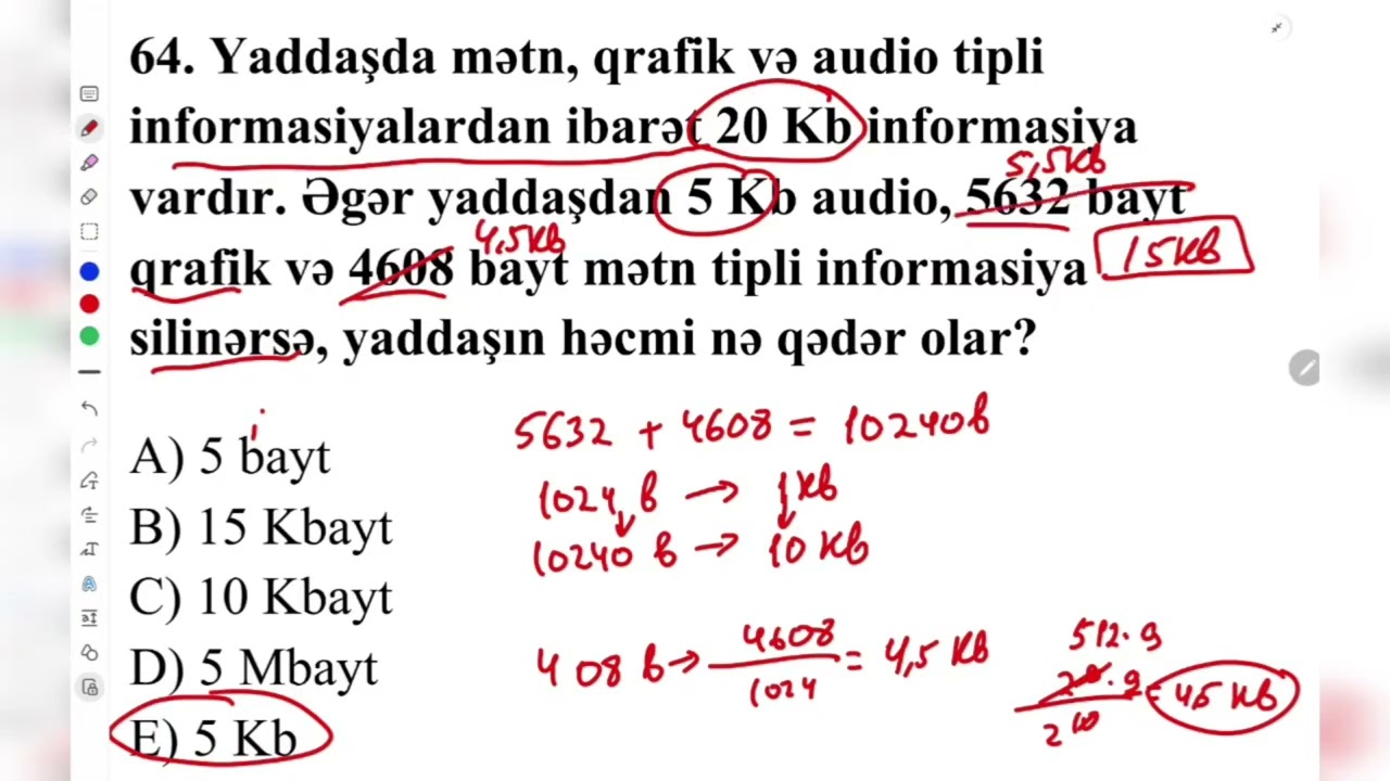 5 fevral - qəbul tipli suallar (Əsas anlayışlar, Say sistemləri, Səs və Video həcmləri)