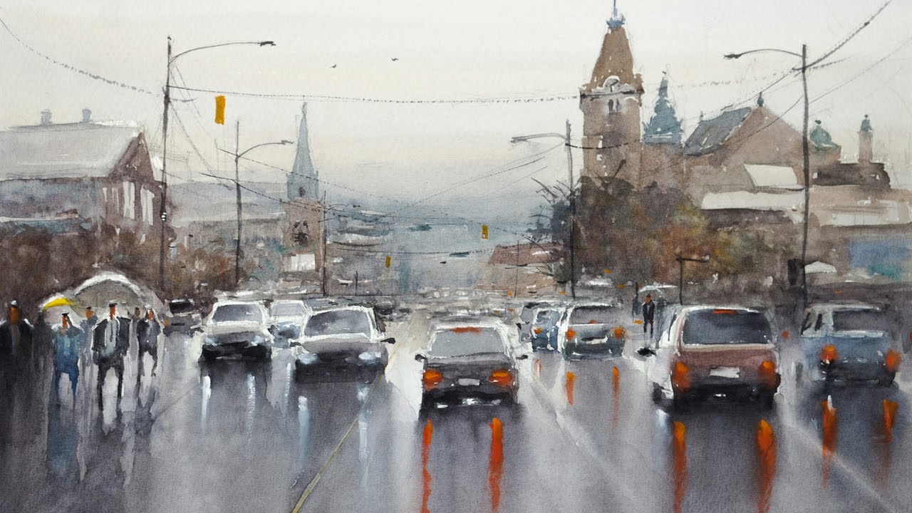 Watercolor scenery painting demo - Rainy Day in Vancouver