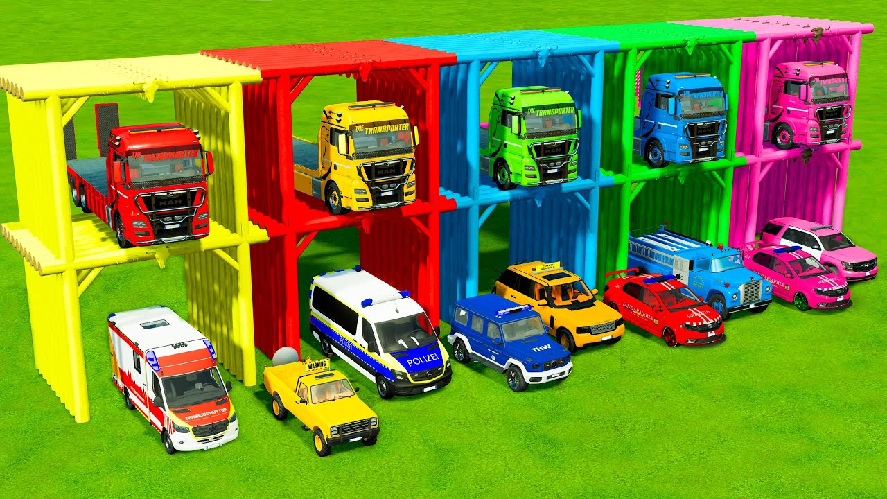 TRANSPORTING ALL POLICE CARS and AMBULANCE EMERGENCY VEHICLES WITH MAN TRUCKS ! FS22