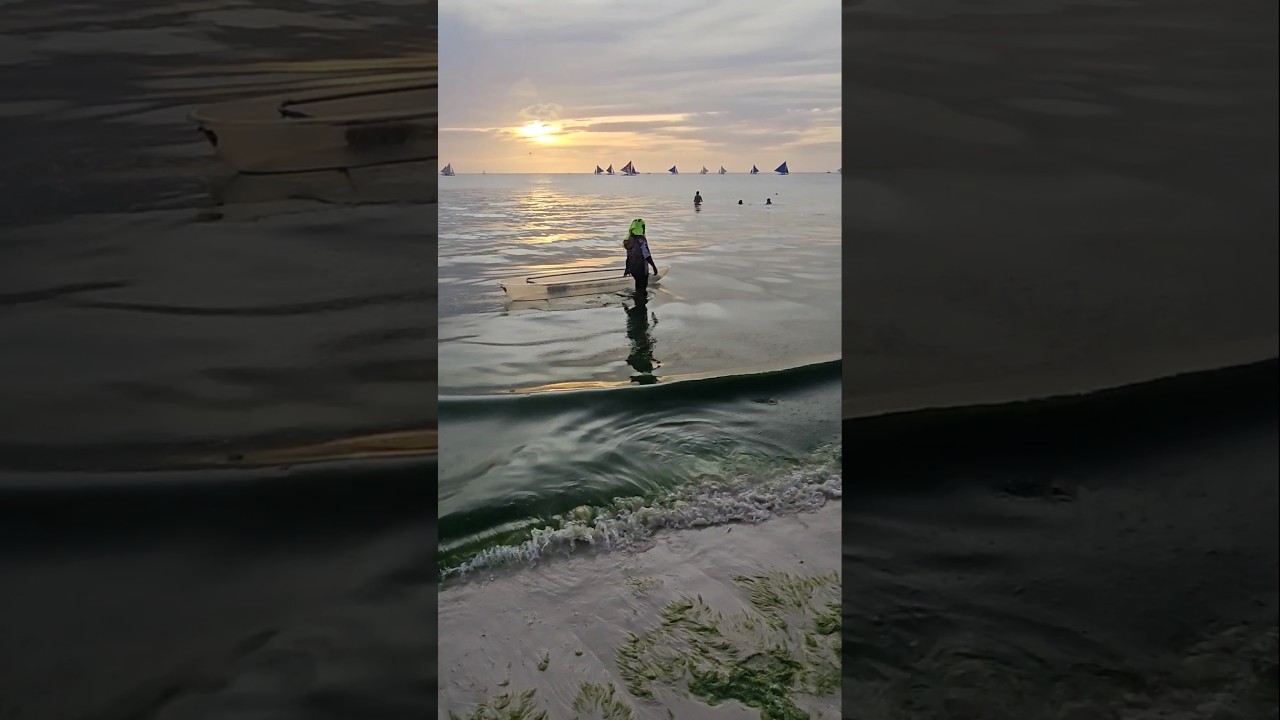 Algae, sailing, and kids kayaking in Boracay during February 