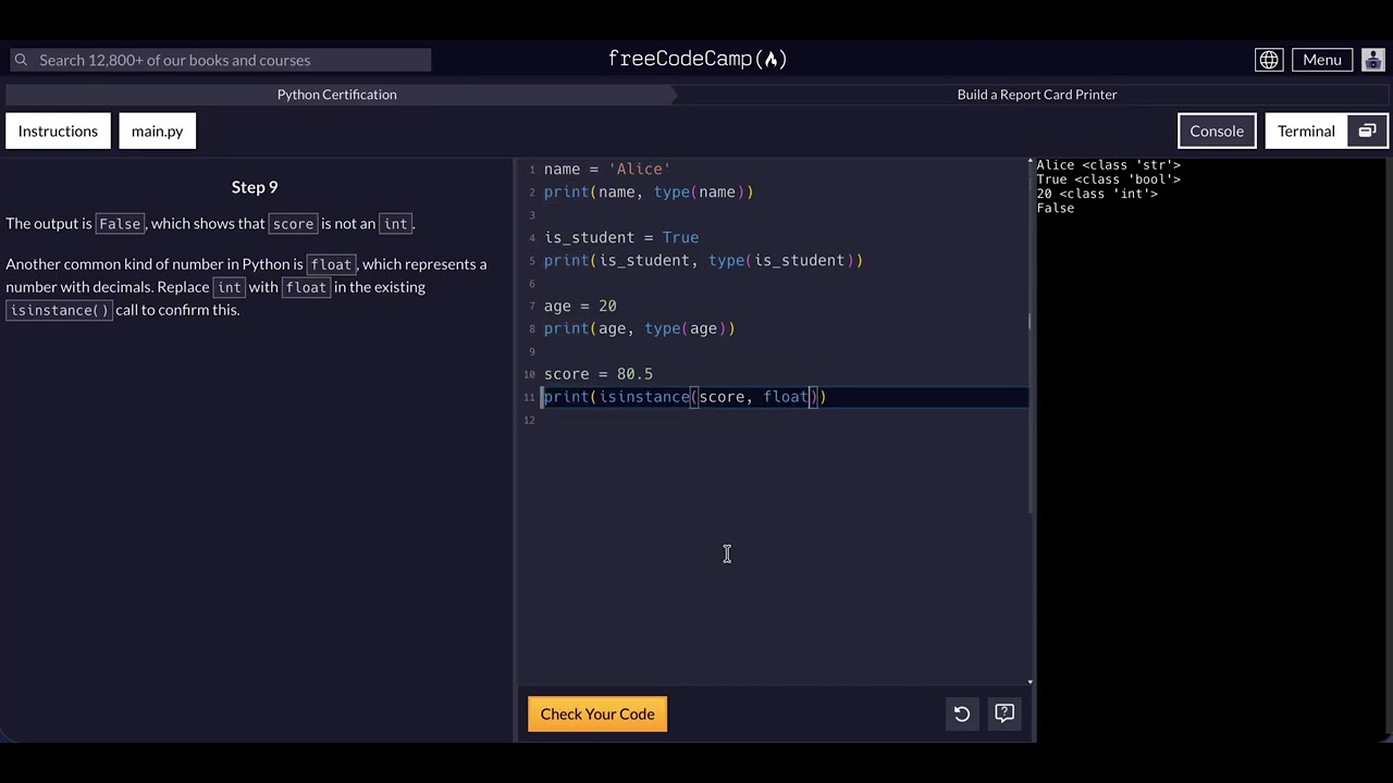 FreeCodeCamp - Python Project  - Step 9 of 10 - Build a Report Card Printer