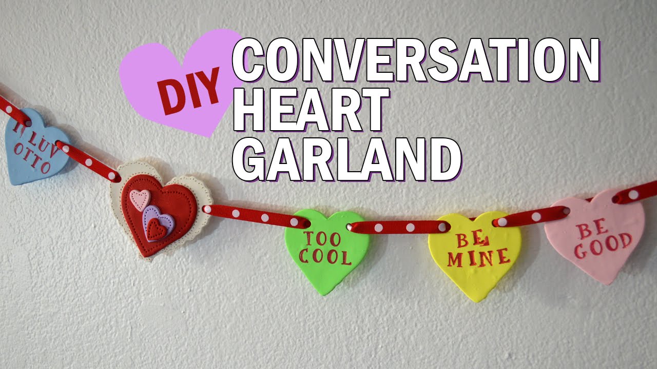 DIY Valentine's Day room decor - Conversation Hearts Garland - polymer clay candy crafts tutorial