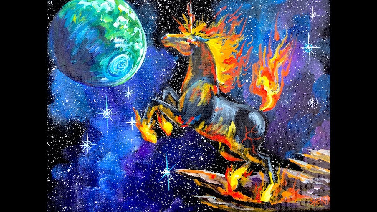 Beginner Acrylic Painting tutorial Galaxy Fire Unicorn step by step | TheArtSherpa