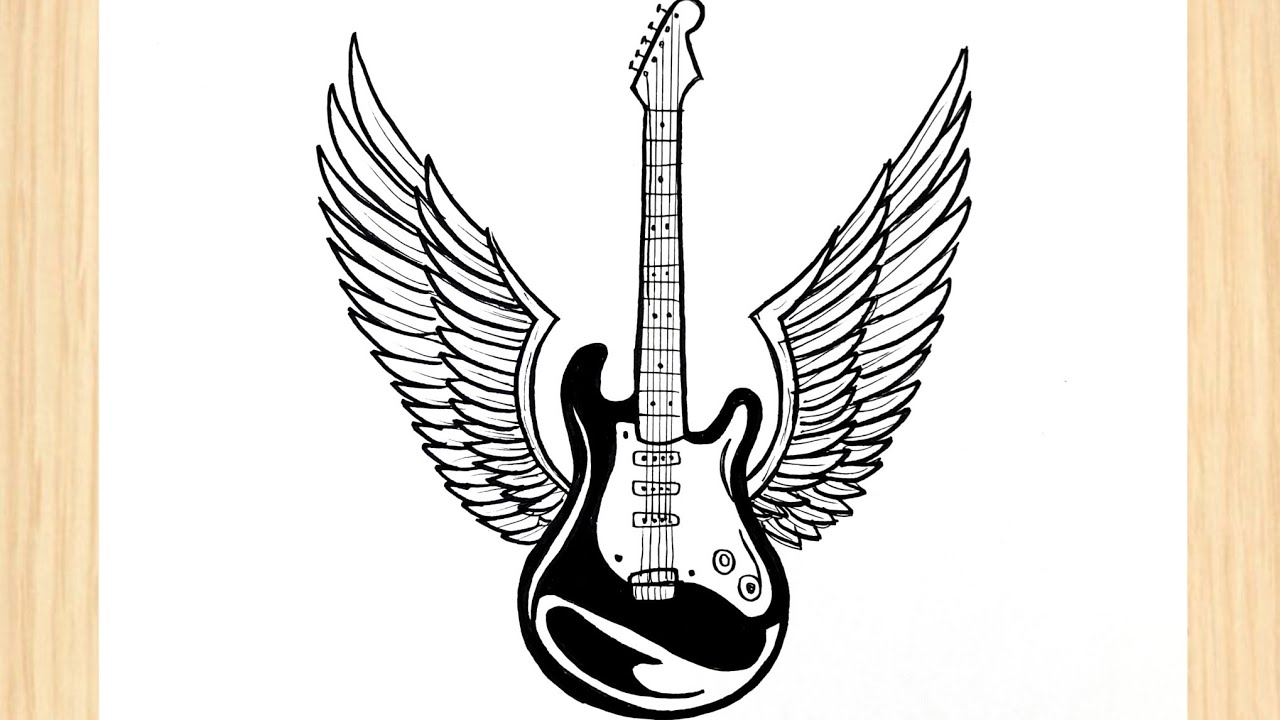 How To Draw A Guitar With Wings || Easy Guitar Drawing