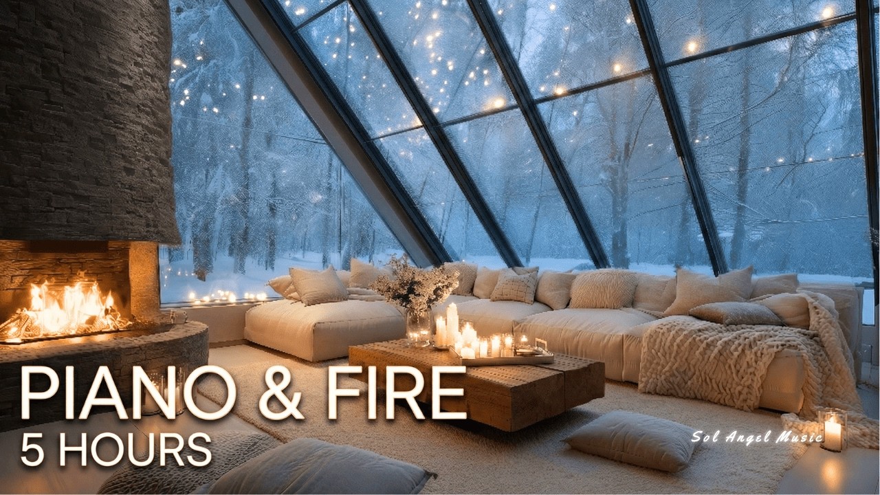 ❄️ 5 Hours Christmas Calm: Snowy Cabin Piano Music & Cozy Fireplace Ambience